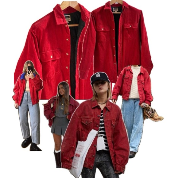 Vintage cherry red 100% cotton corduroy barn jacket w/ collar lined winter coat - Picture 2 of 8